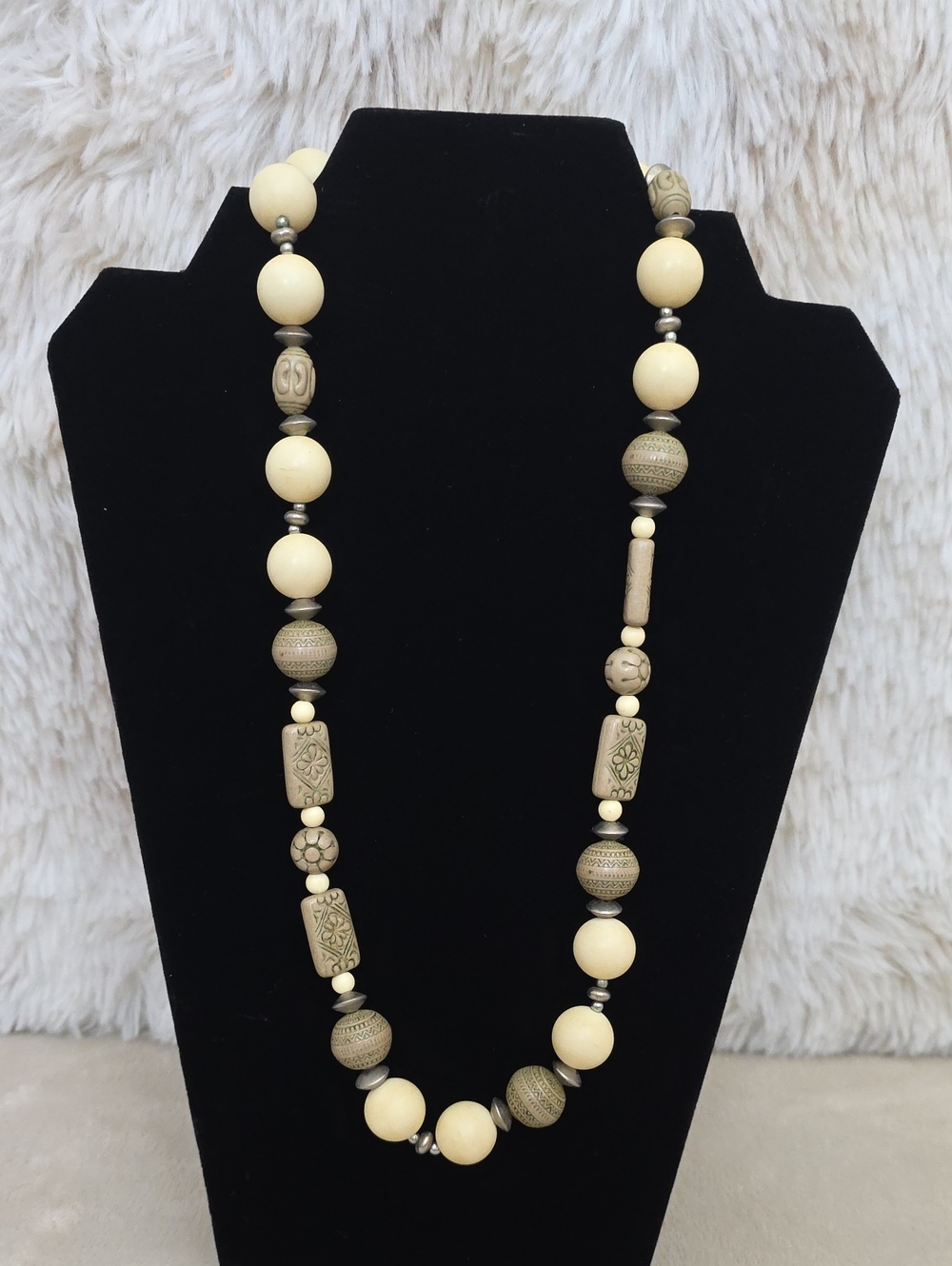 Vintage Tribal Bone Look Statement Necklace Neutral Boho Safari Artisan